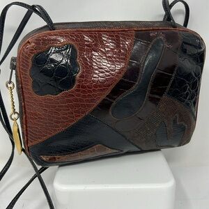 Sharif Multi Exotic Skins Leather Patch Ziptop Crossbody Handbag Purse